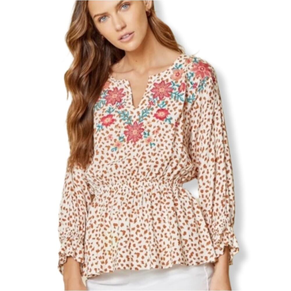 Savannah Jane Women Peplum Embroidered Floral Cheetah Blouse 2X Boho Cowgirl NEW